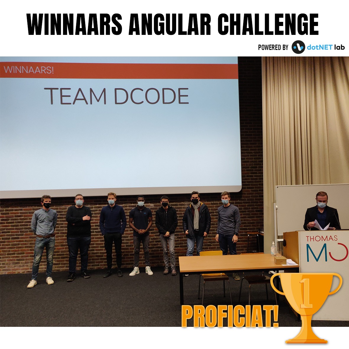 foto waarin ons team als winnaar uitgeroepen wordt van de Angular Application Challenge